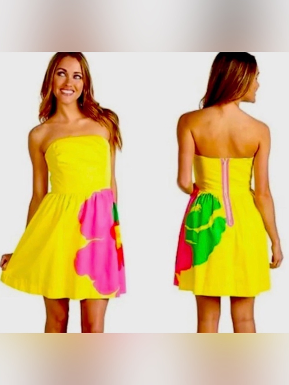 Lilly Pulitzer Yellow Strapless Dress with Pink & Red Floral Accent